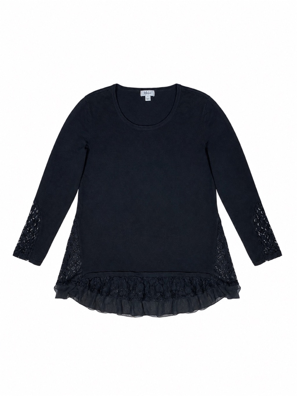 Style & Co. Sweater Black Lace Trim Ruffle Hem Cotton Blend Boho Whimsigoth L - Picture 2 of 9